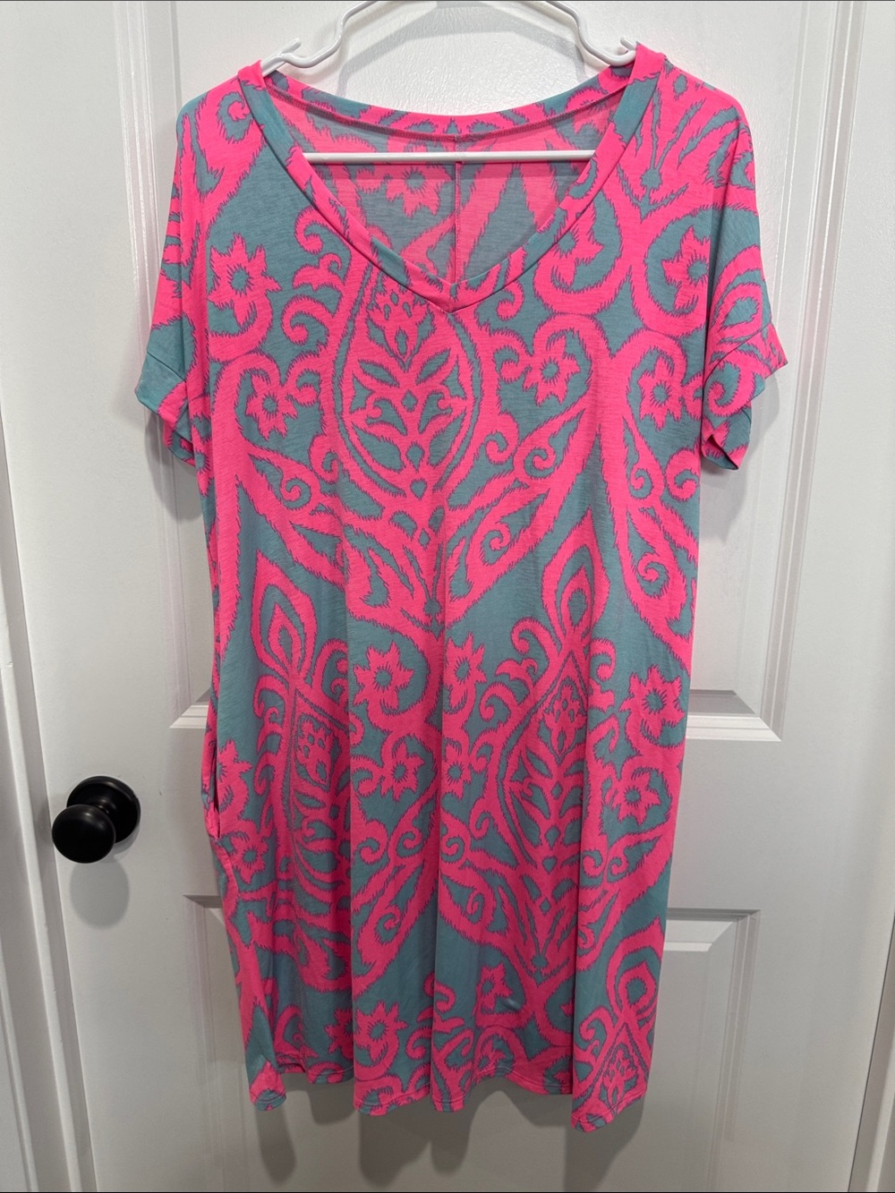 Vibrant Pink & Turquoise Short Sleeve Shift Dress
